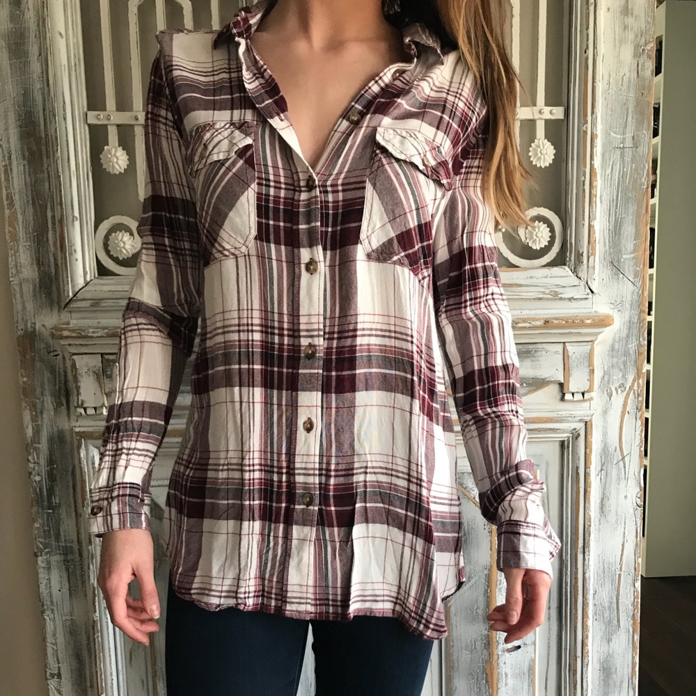 BDG Burgundy oversized plaid button-up shirt